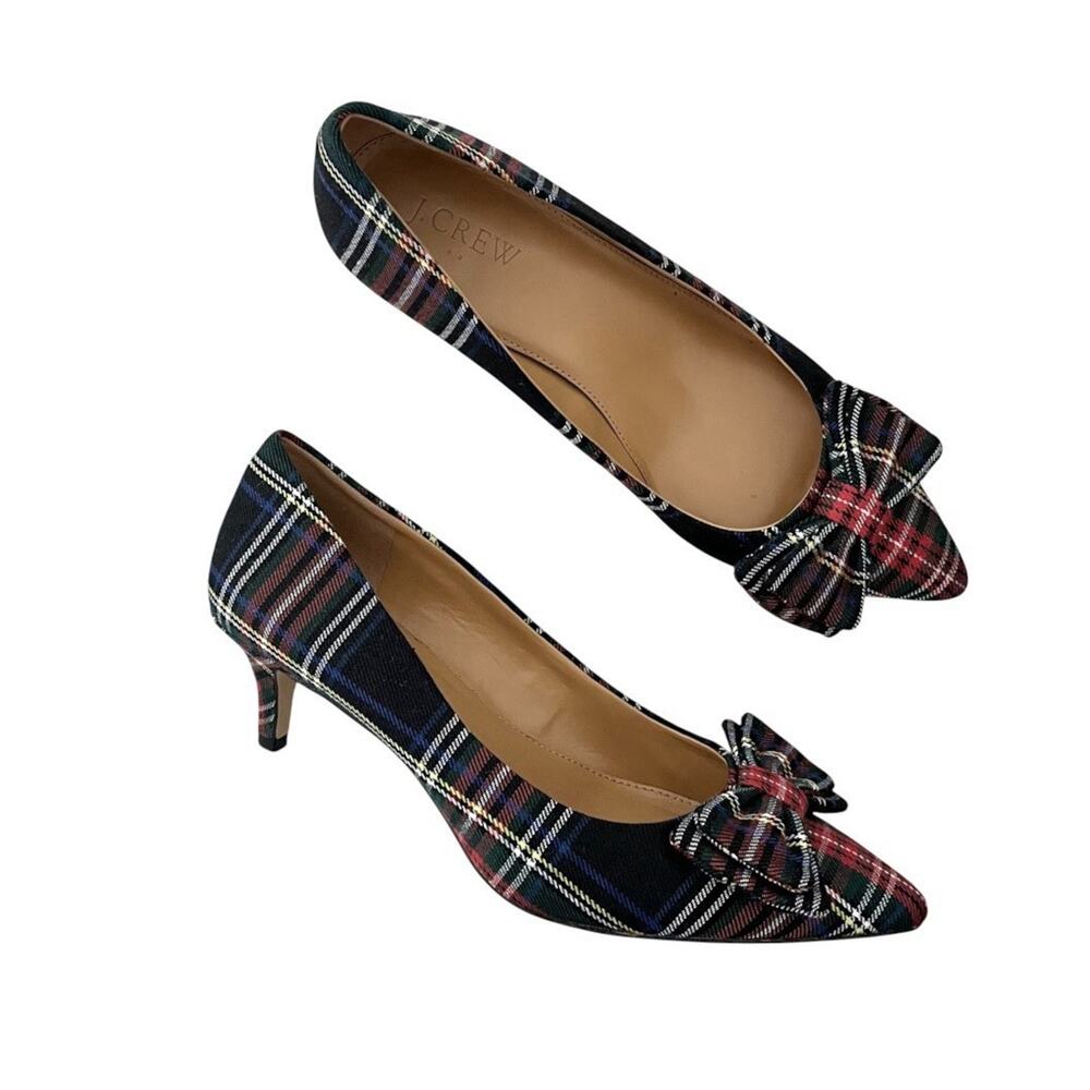 J. Crew Esme Kitten Heel Pumps Bow Stewart Tartan Plaid Sz 7 Holiday Preppy Chic